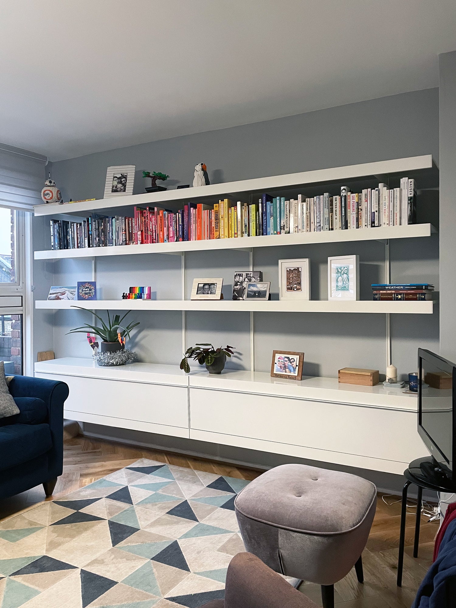 Modern book shelving system in living room