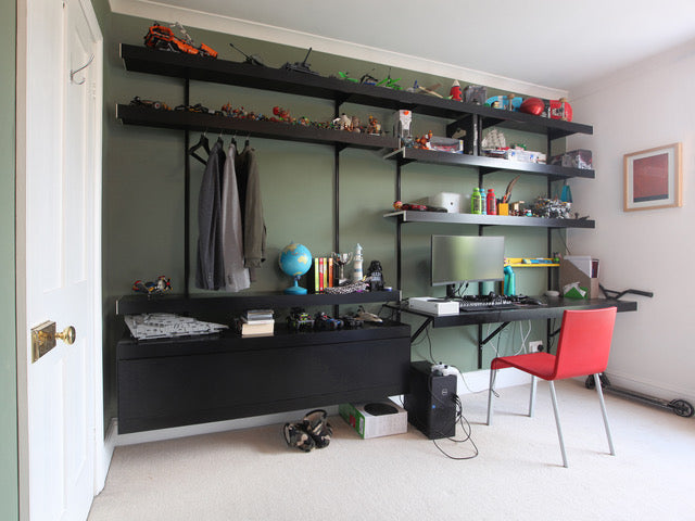 modern design bedroom shelving system with wall desk, shelving and clothes hanger