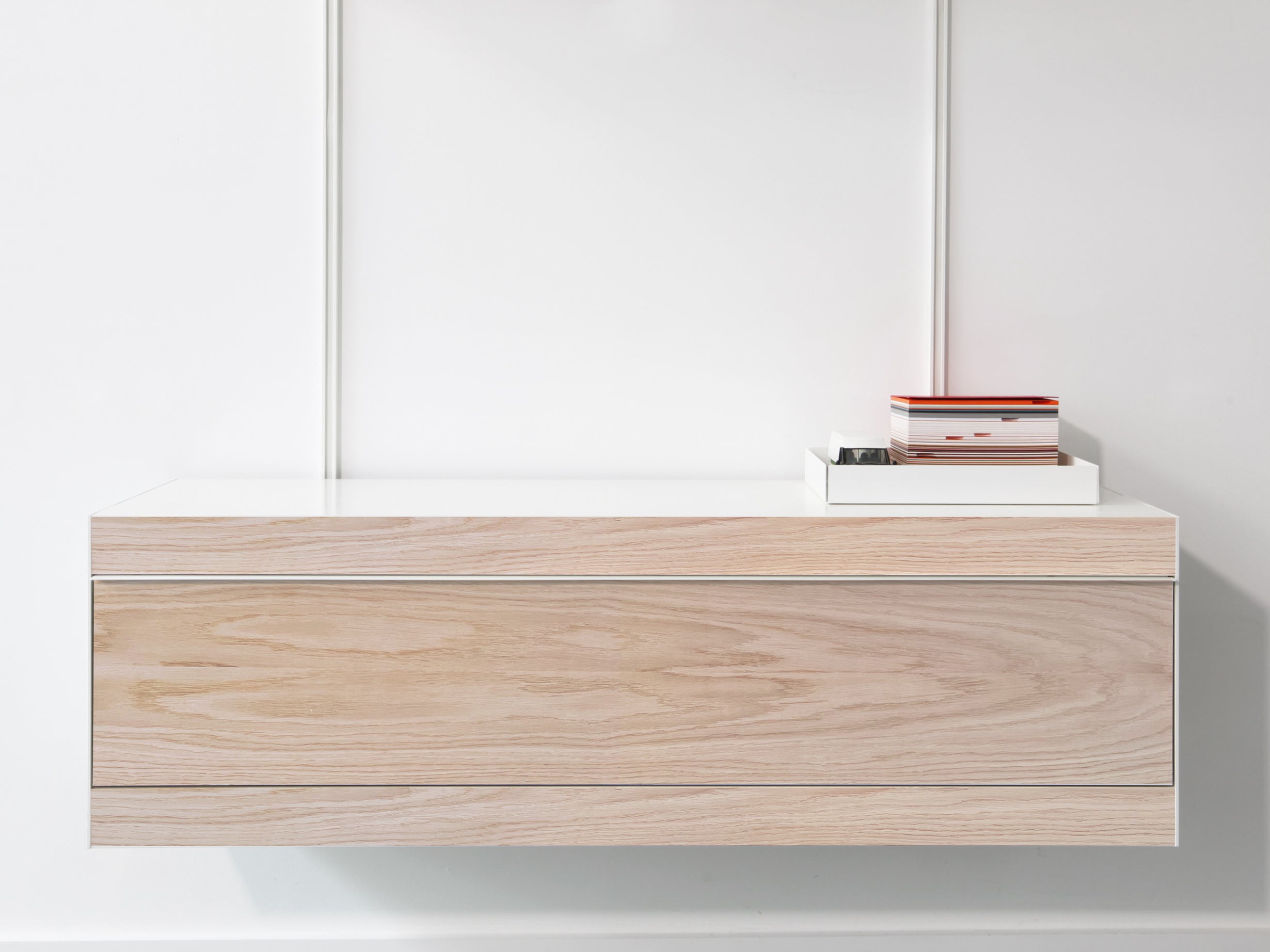 modular shelving with cabinet with oak front and fold down door