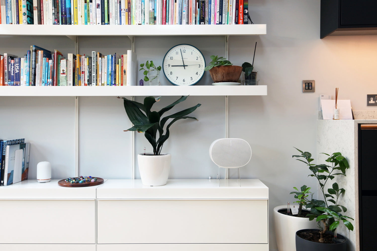 wall mounted modular shelving system for books in living room detail