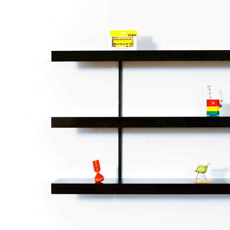 Modern black wall shelving system with 3 x black aluminium shelves by ON&ON