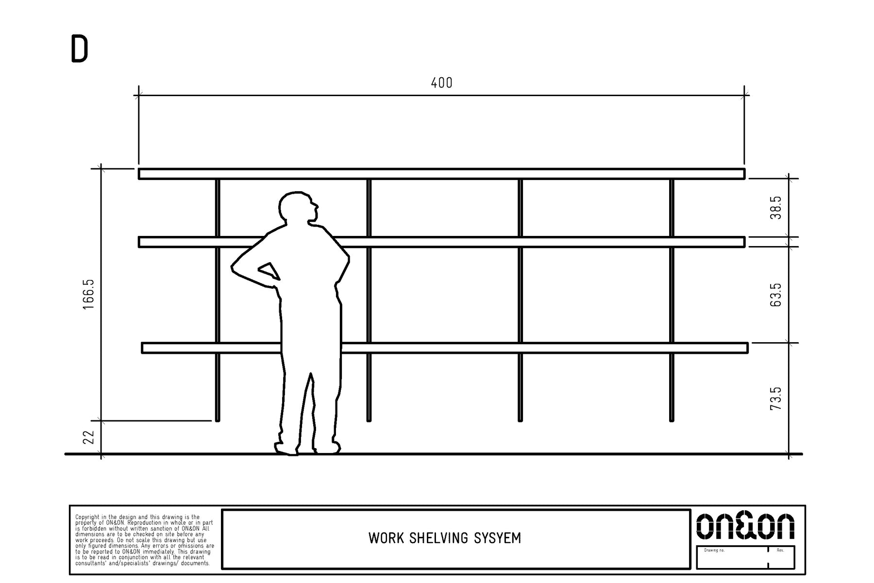 Dimension drawing large floating wall desk D with shelves