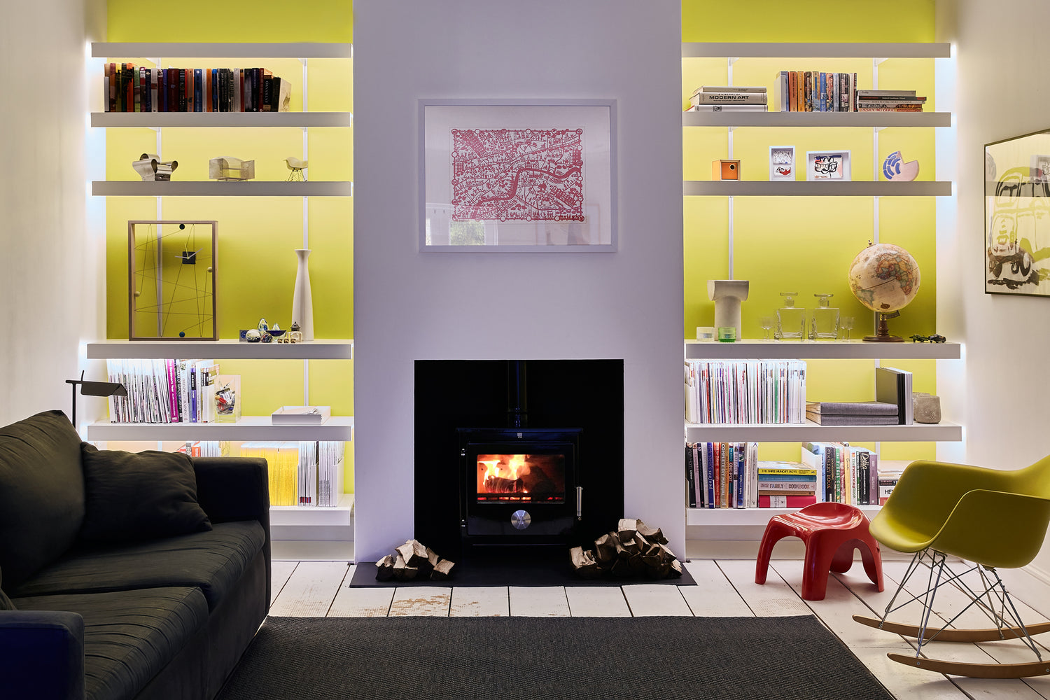 alcove shelving with lighting in modern living room