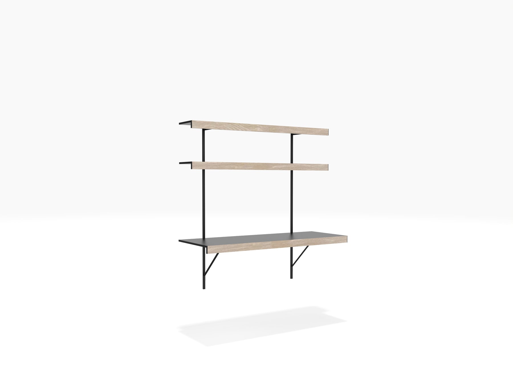 Modular shelving system with floating wall desk and shelves above in black & oak