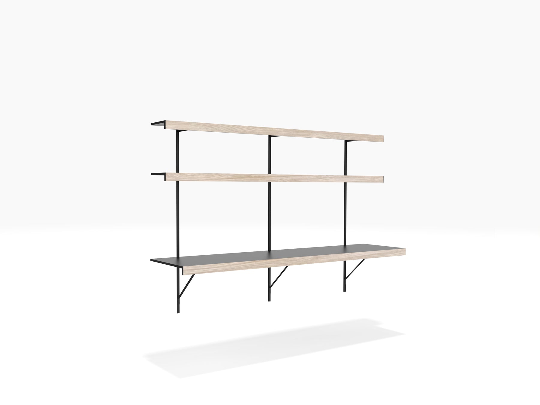 Black & oak floating desk with wall shelving above