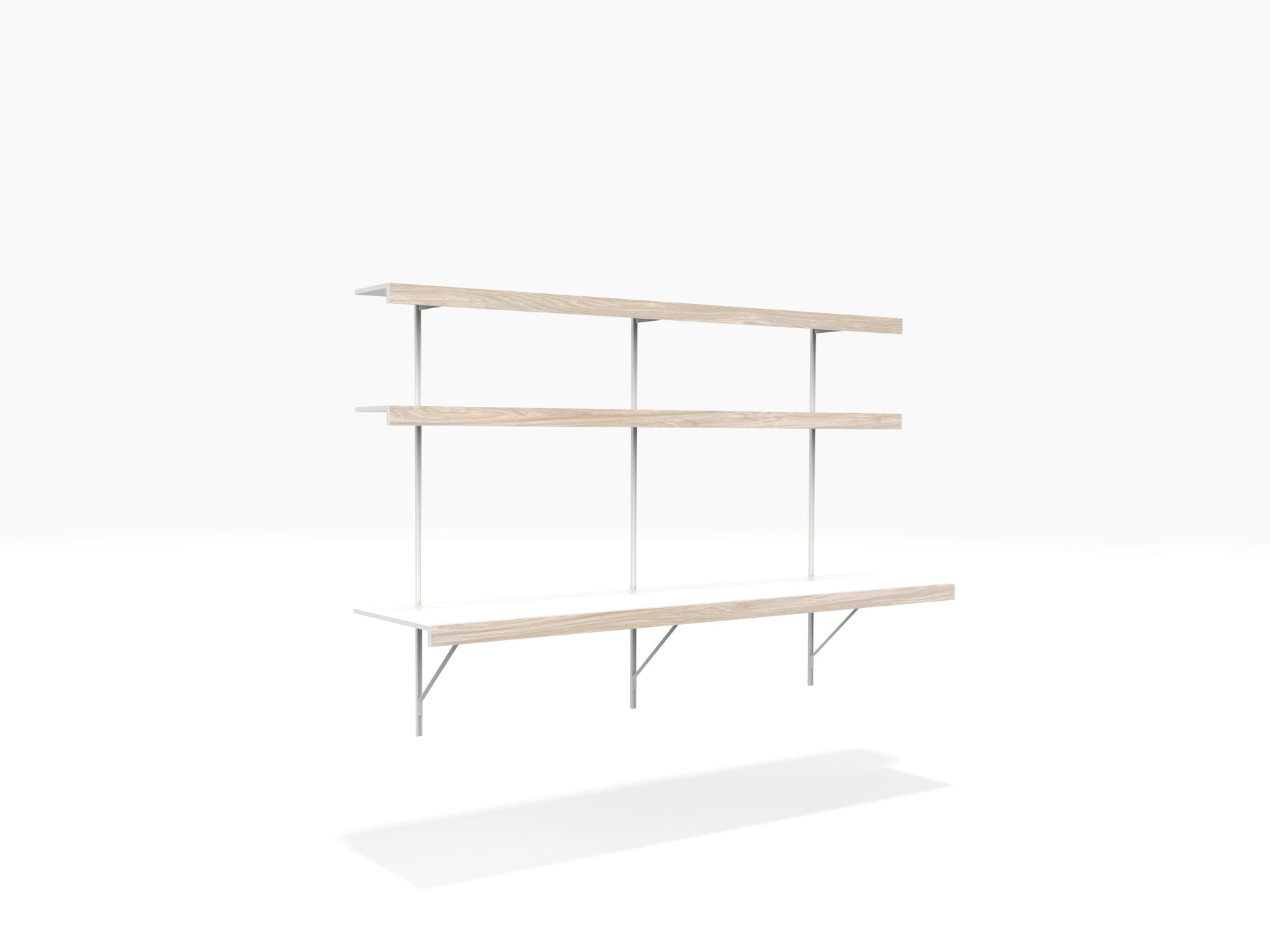 Wall Modular shelving system with long shelves and wall desk