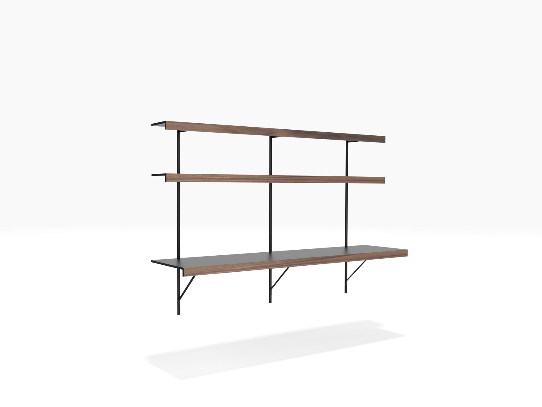 modern home office shelving system with large floating desk