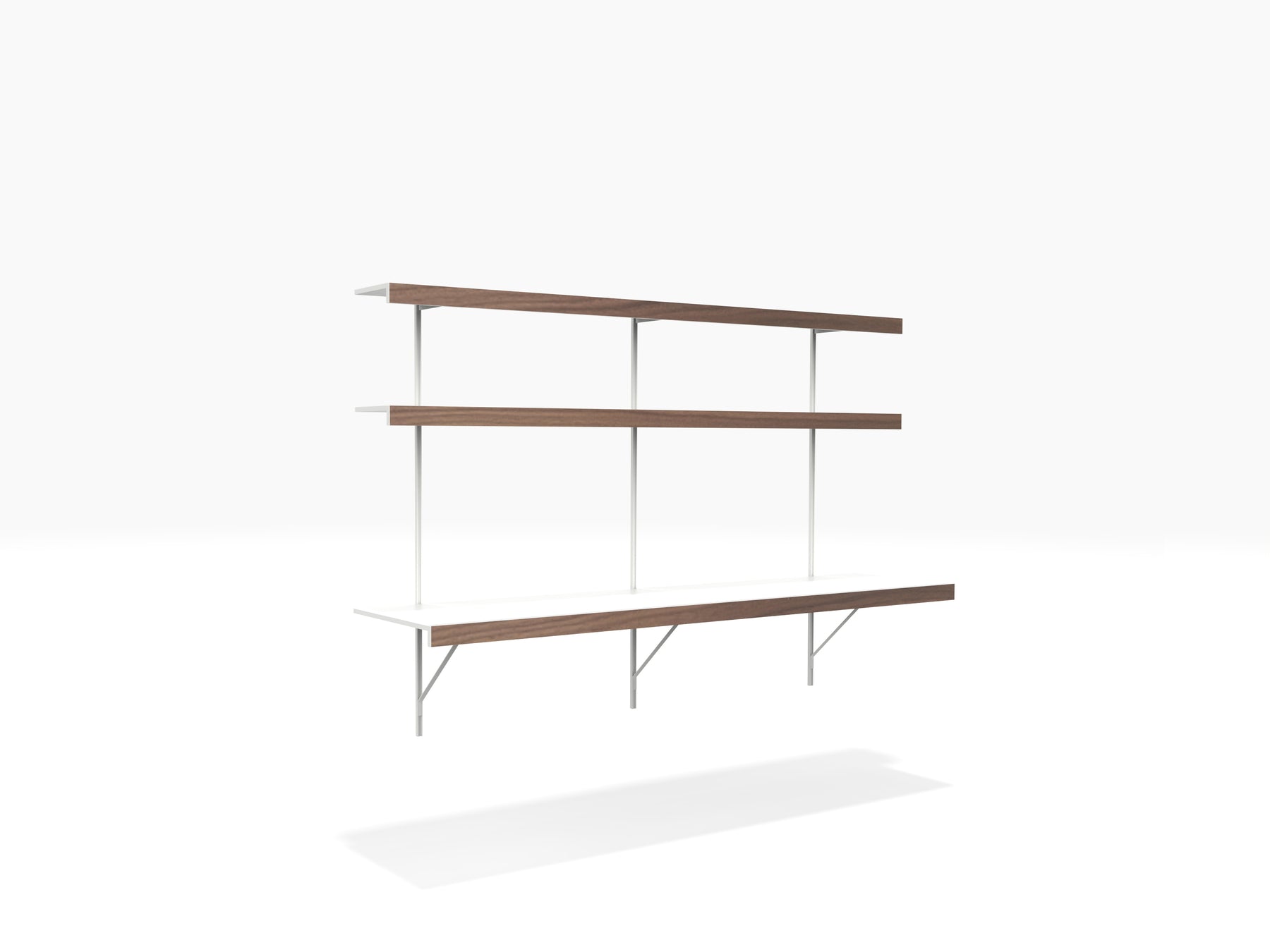 Wall shelving with floating desk in white & walnut finish