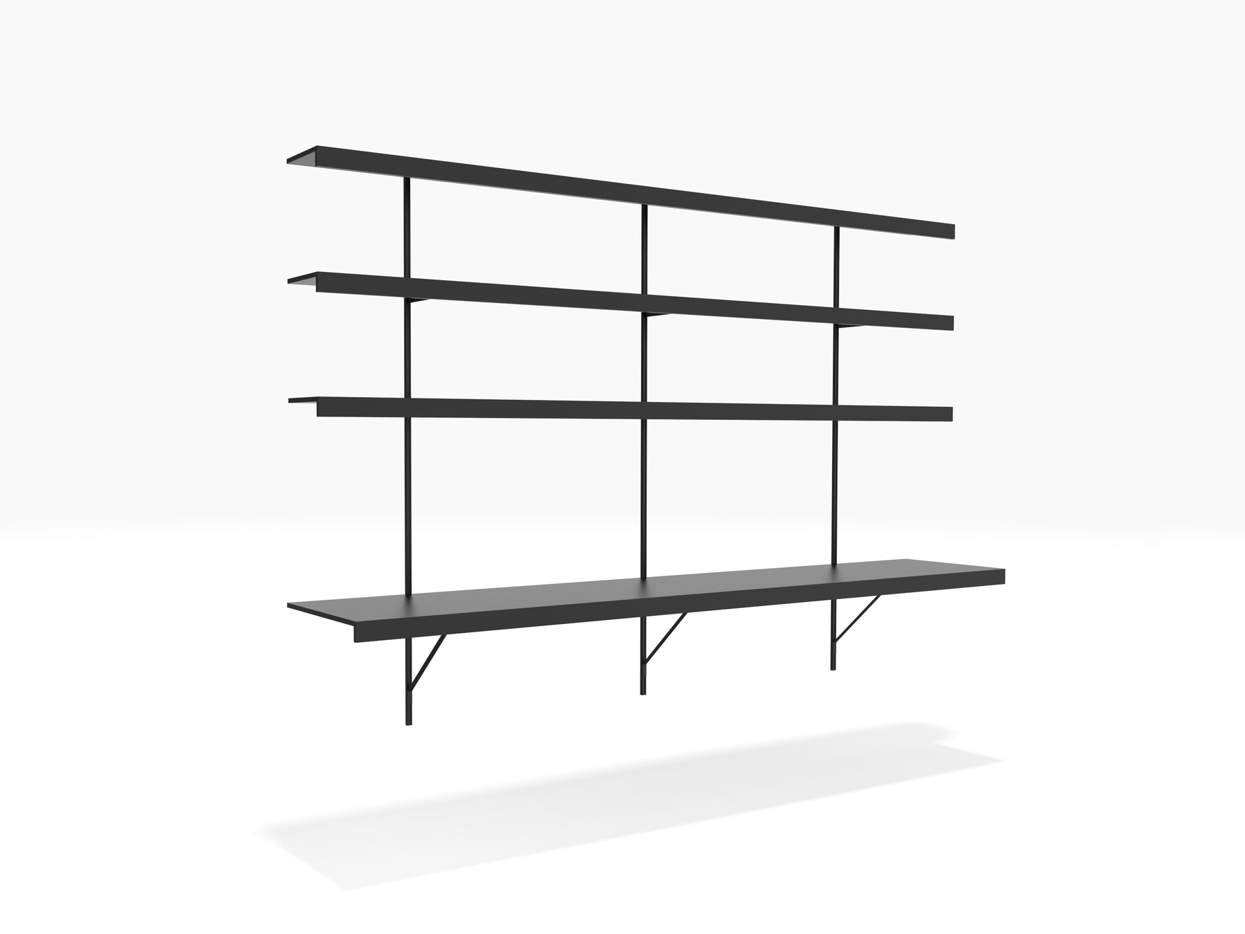 Large black shelving system with desk