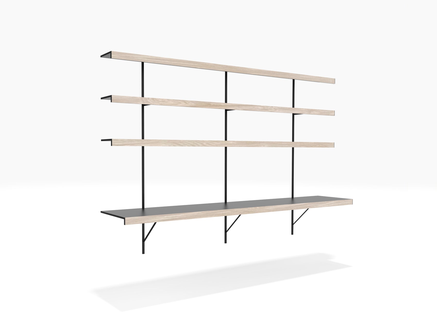 Wall mounted desk with shelves in black and oak finishes