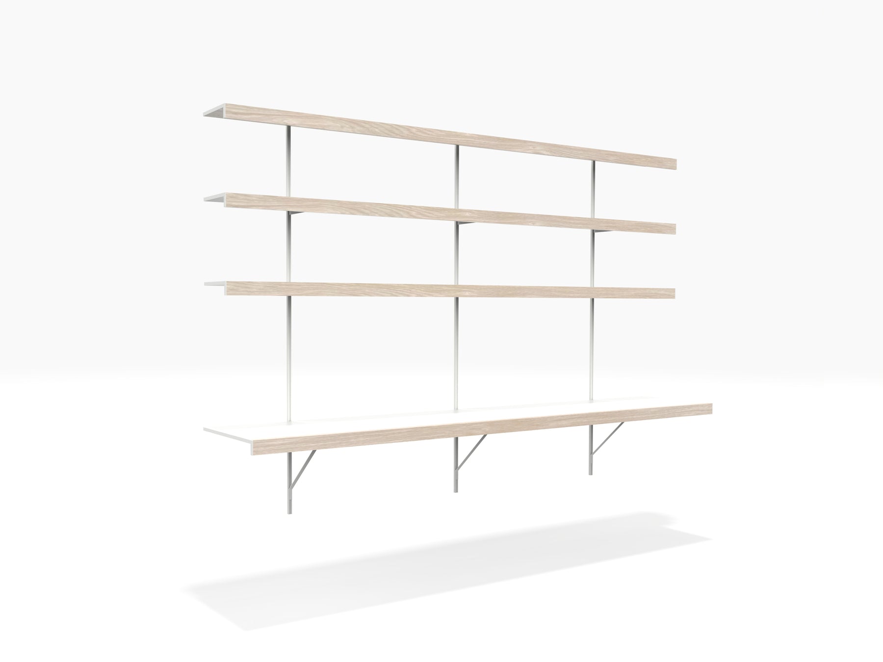 Oak and white shelving system with wall desk and shelves above