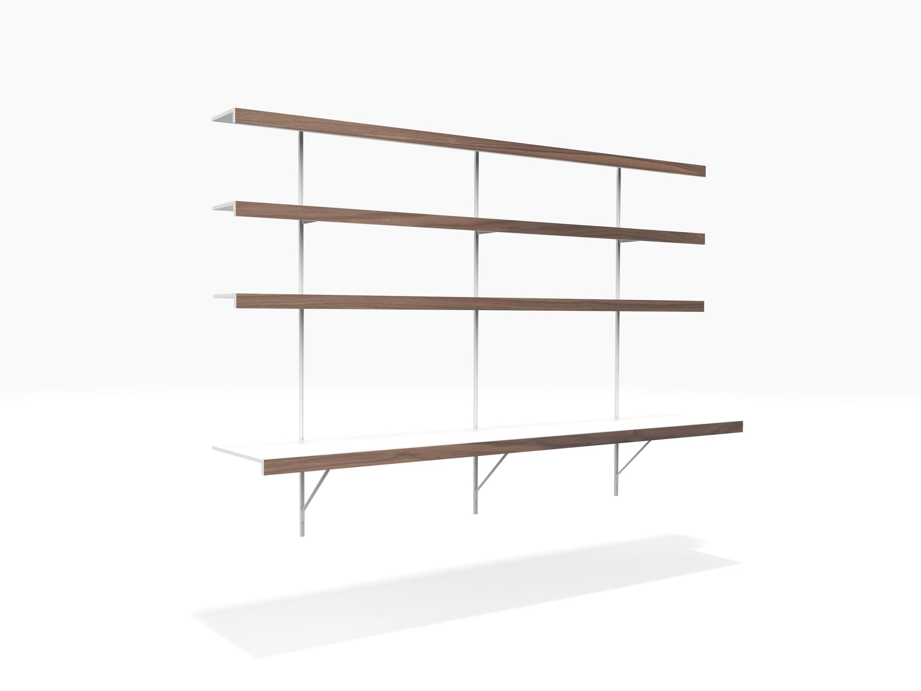Floating wall desk with shelves in white and walnut