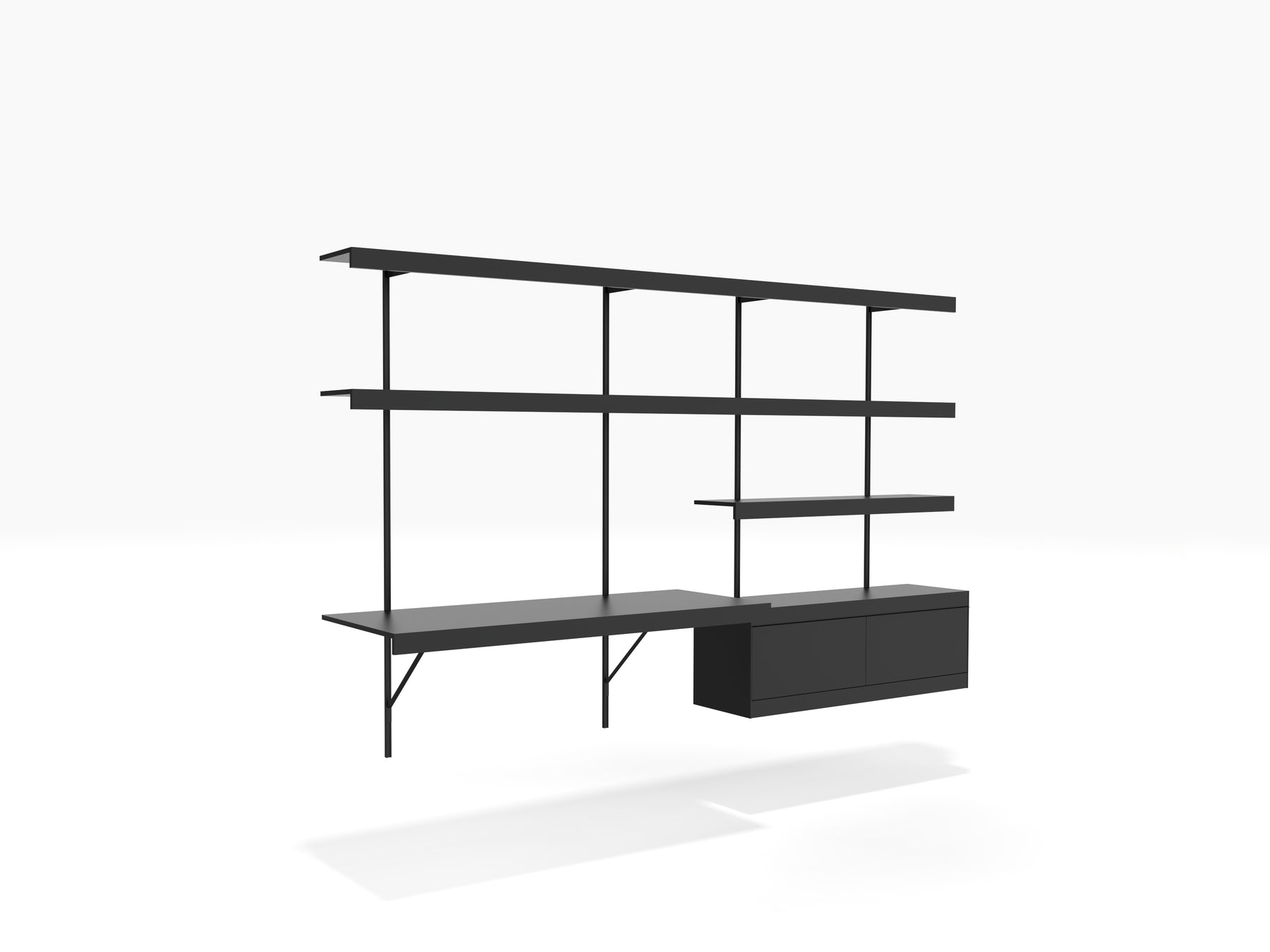 Black office shelving system wall mounted with desk, shelves and cabinet