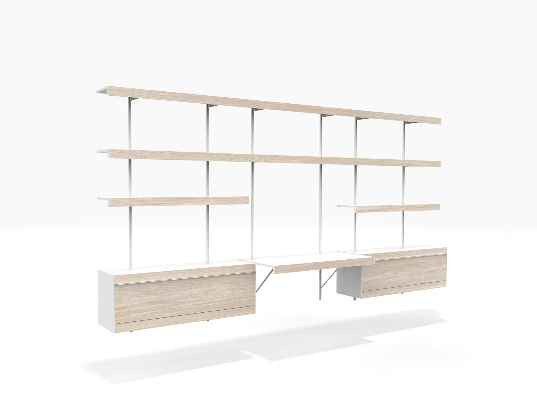 Oak shelving system with wall mounted desk and shelving