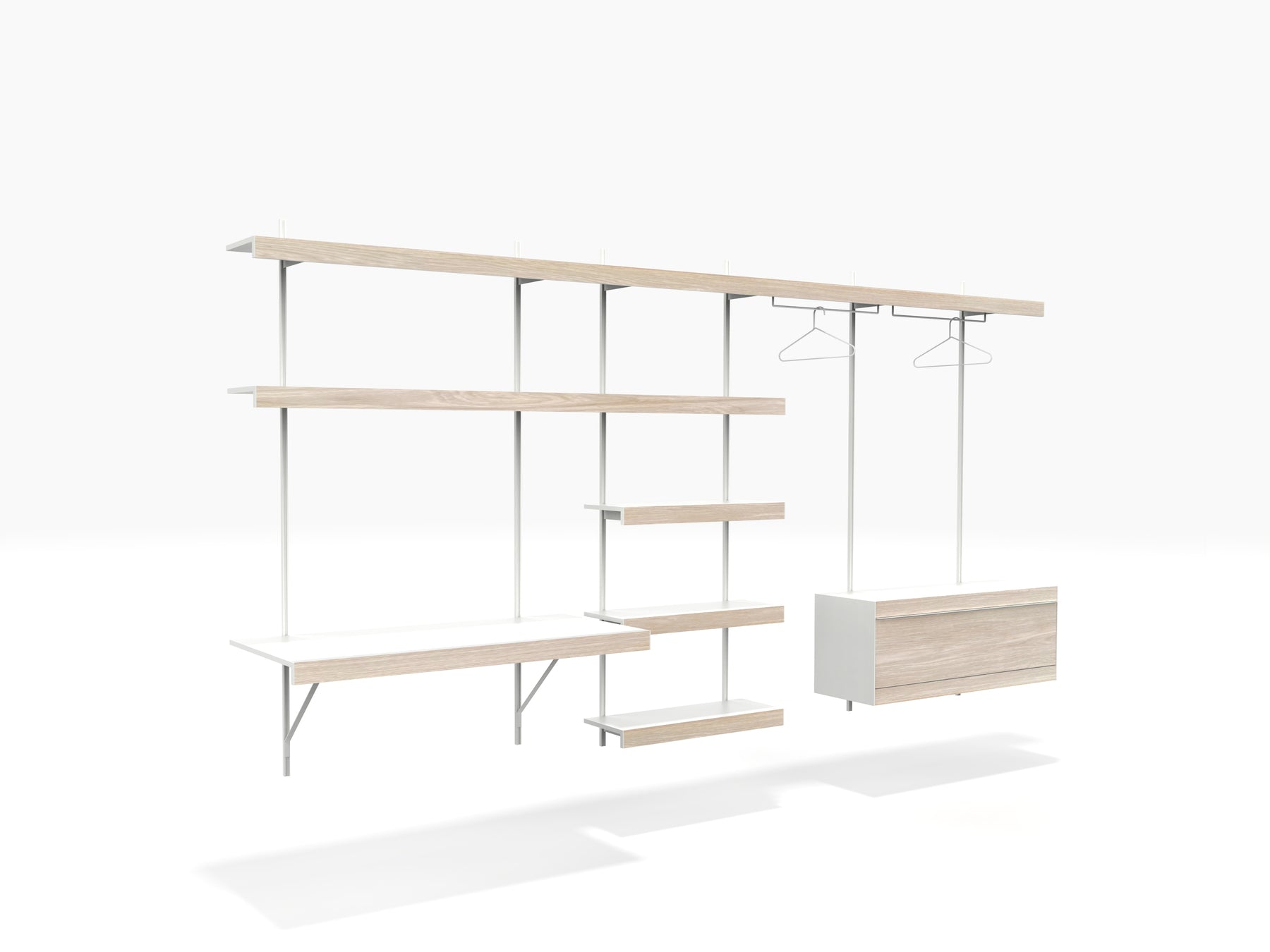 white & oak wall desk system with open wardrobe area