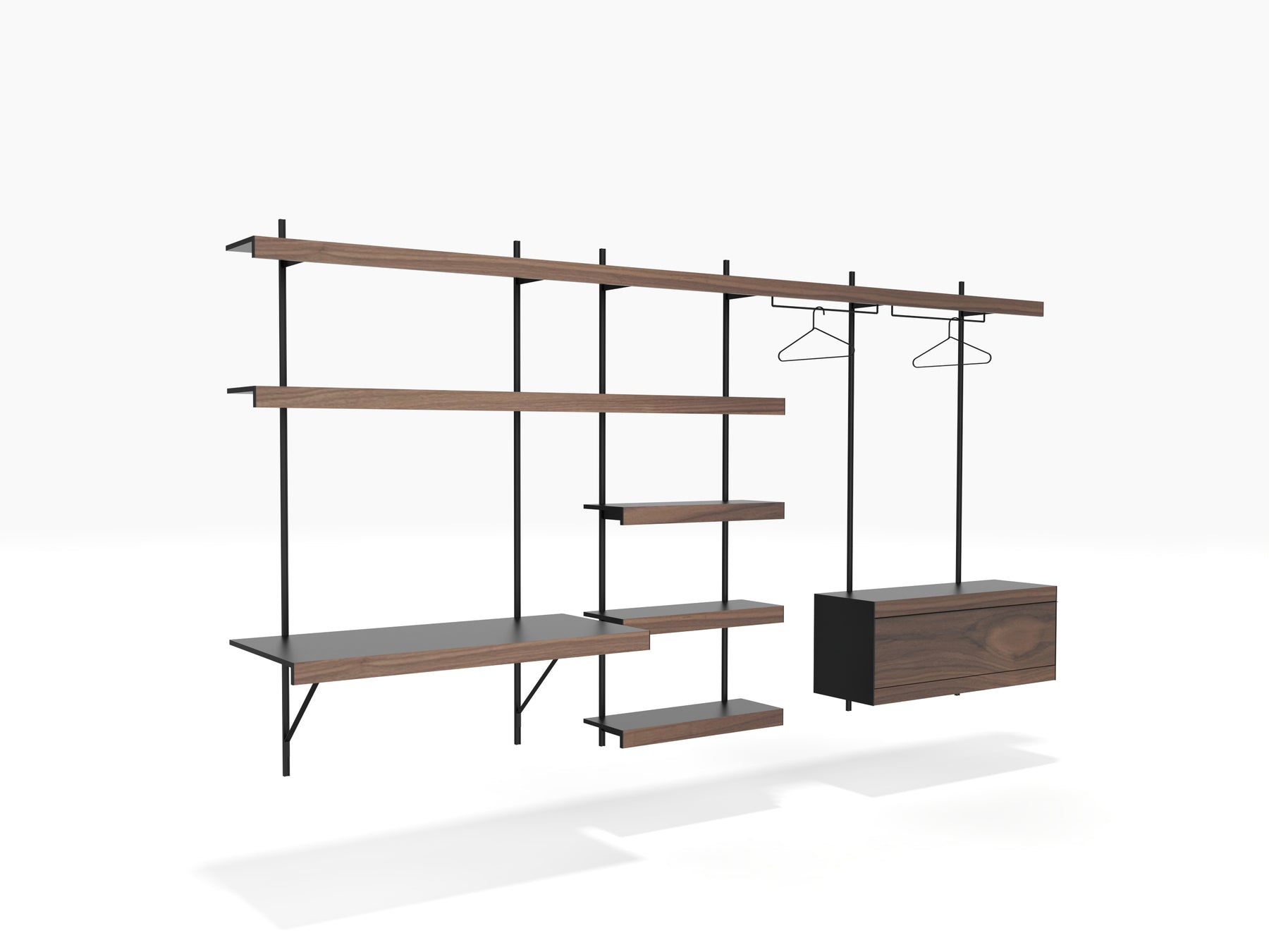 large wall shelving system with desk, cabinet and clothes rail