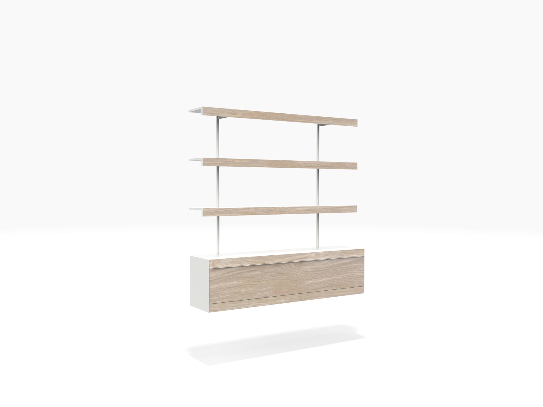 White and oak wall shelving system with cabinet