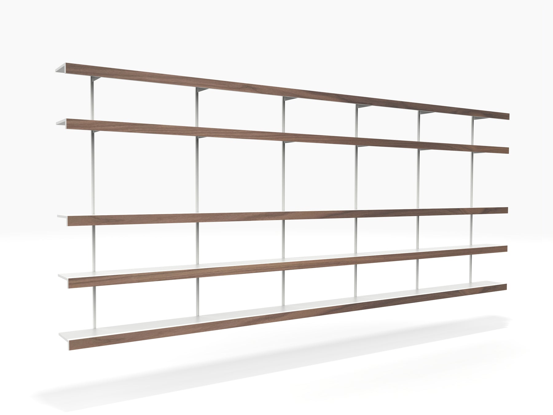 Large wall mounted shelving system in white & walnut for home library