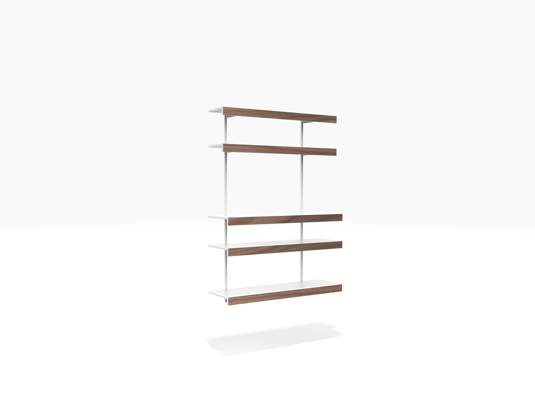 white and walnut floating aluminium wall shelves