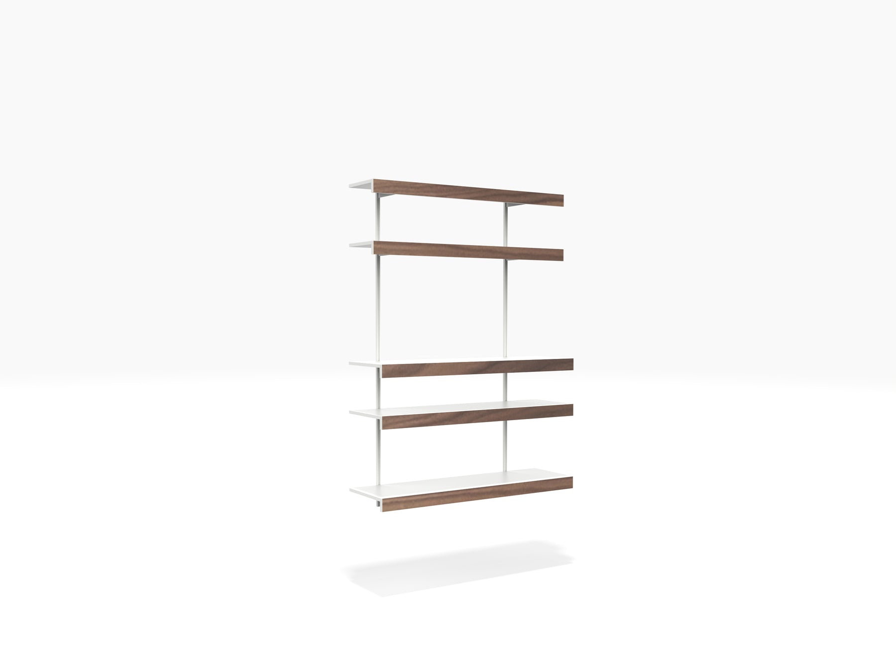 white and walnut floating aluminium wall shelves  