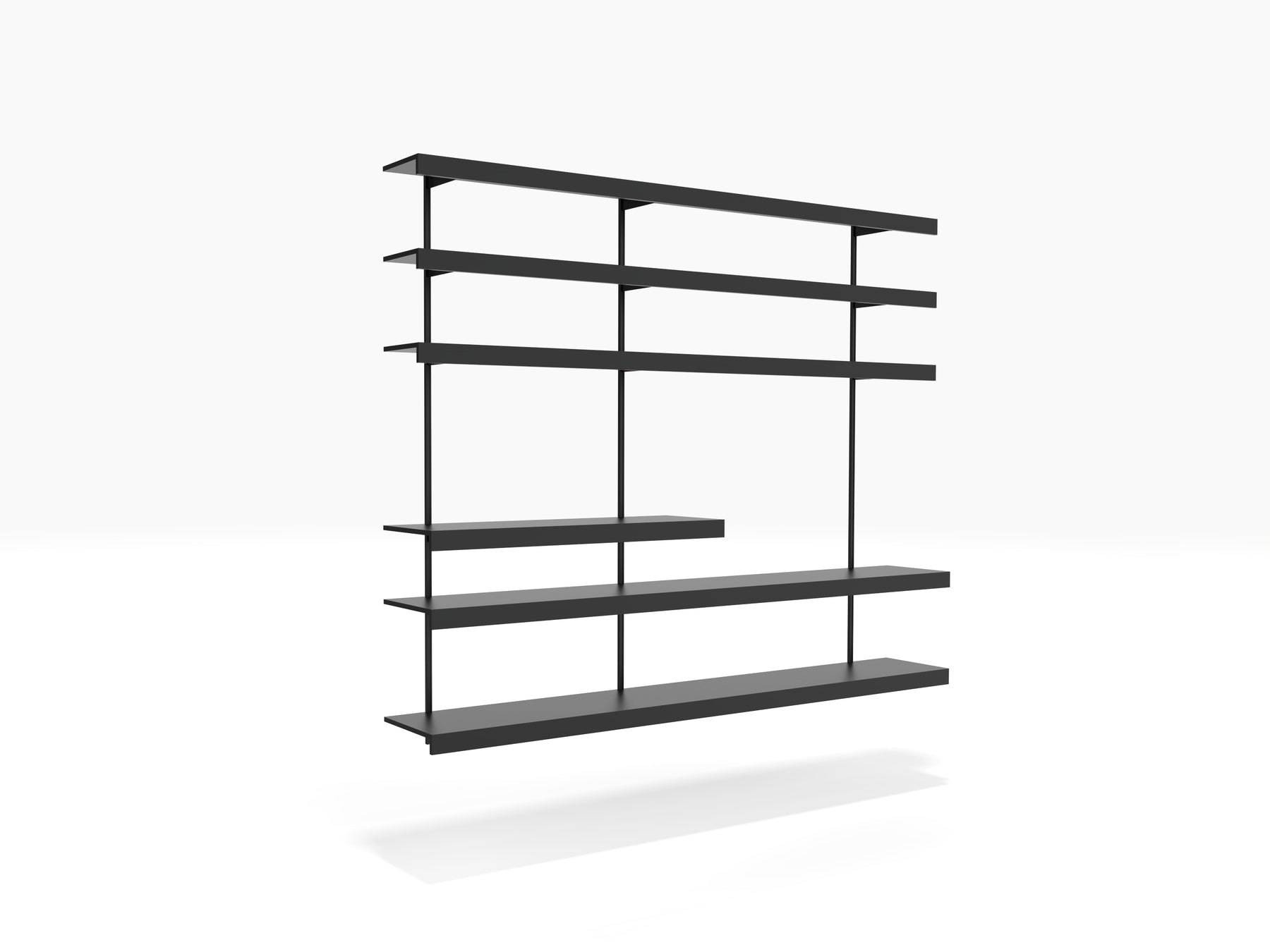 Black wall shelving system with long adjustable shelves