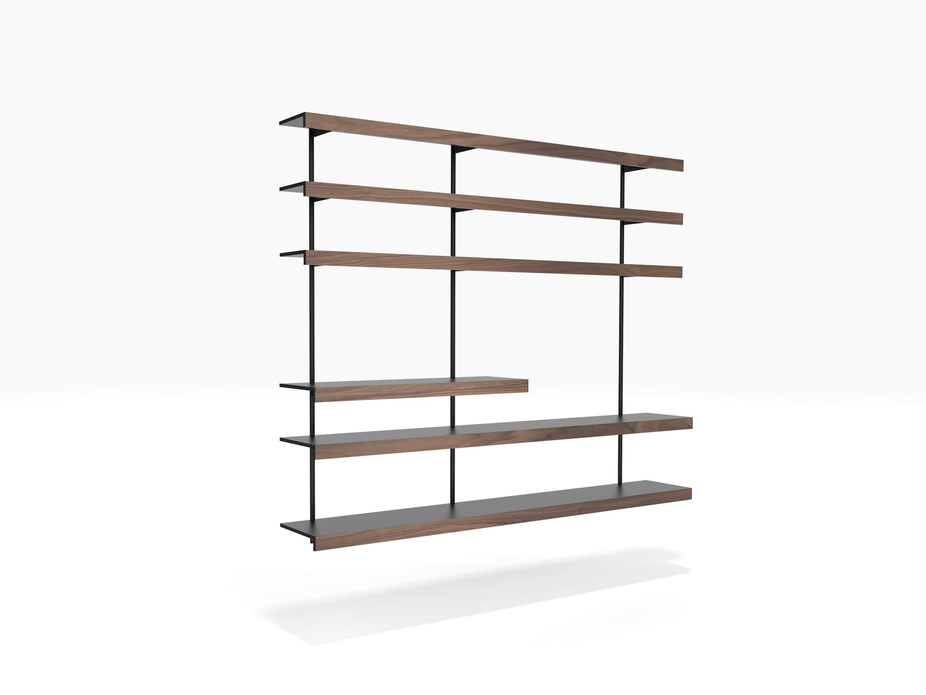 Black and walnut modular TV wall shelving