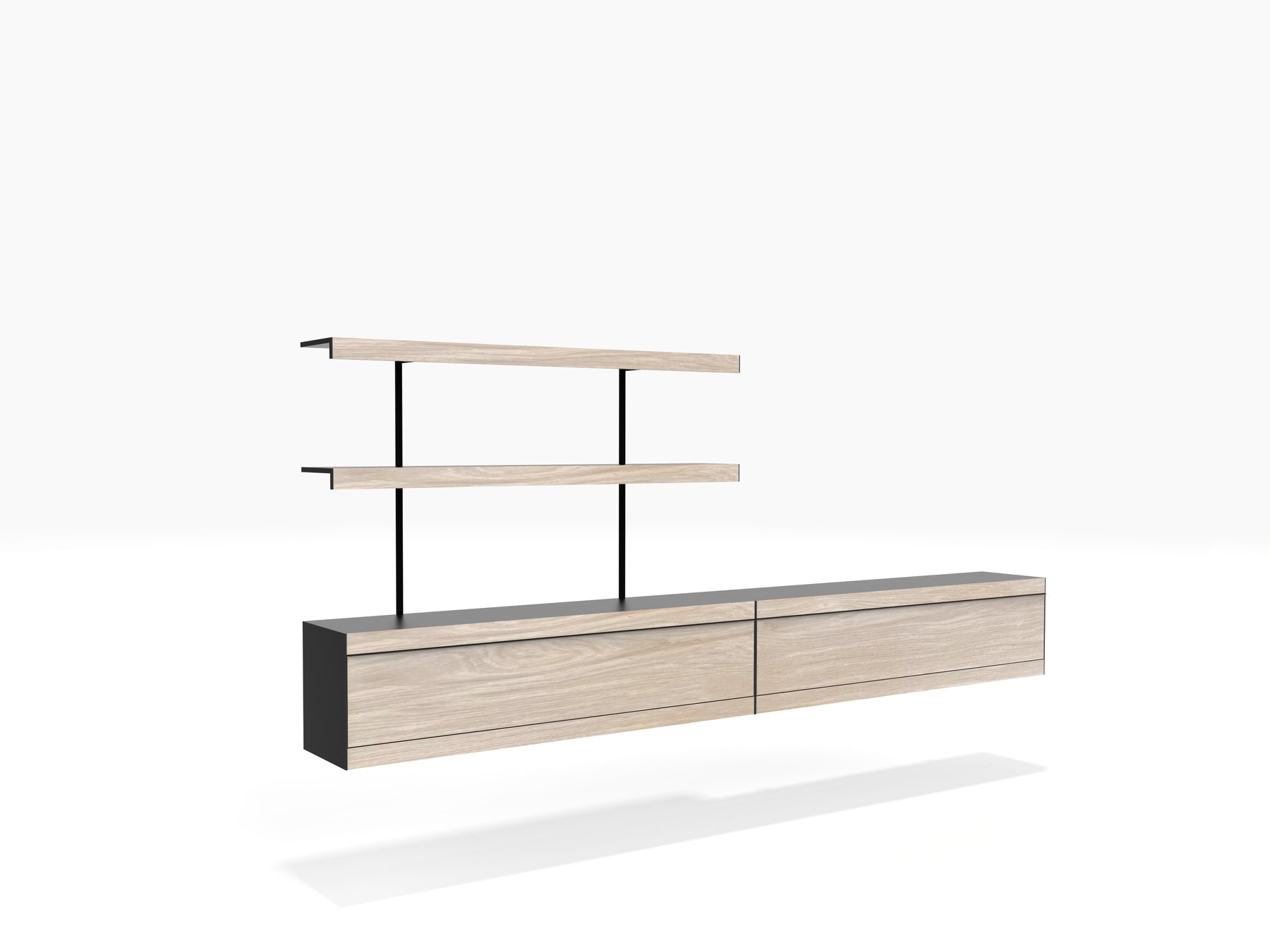 Wall mounted TV cabinet with floating shelves in black and oak