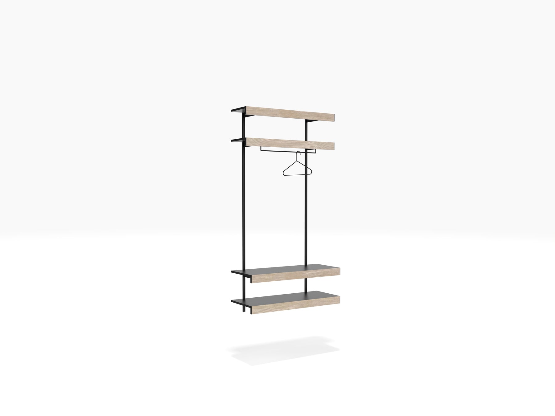 Black & oak shelving system with clothes rail