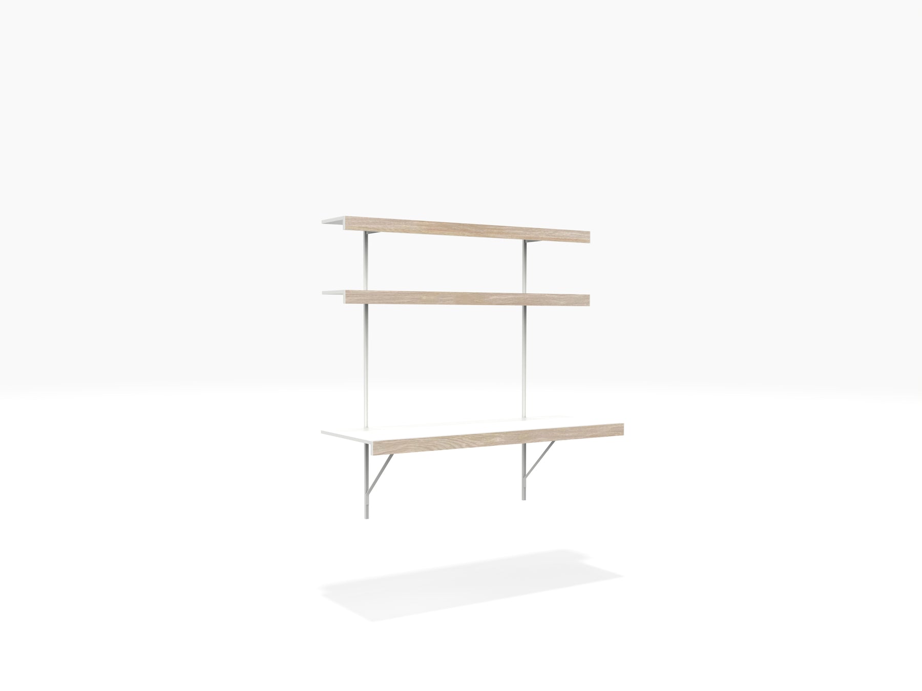 Oak and white wall mounted home office desk and shelves