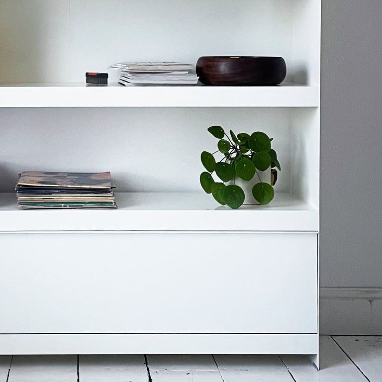 white modular shelving unit with door