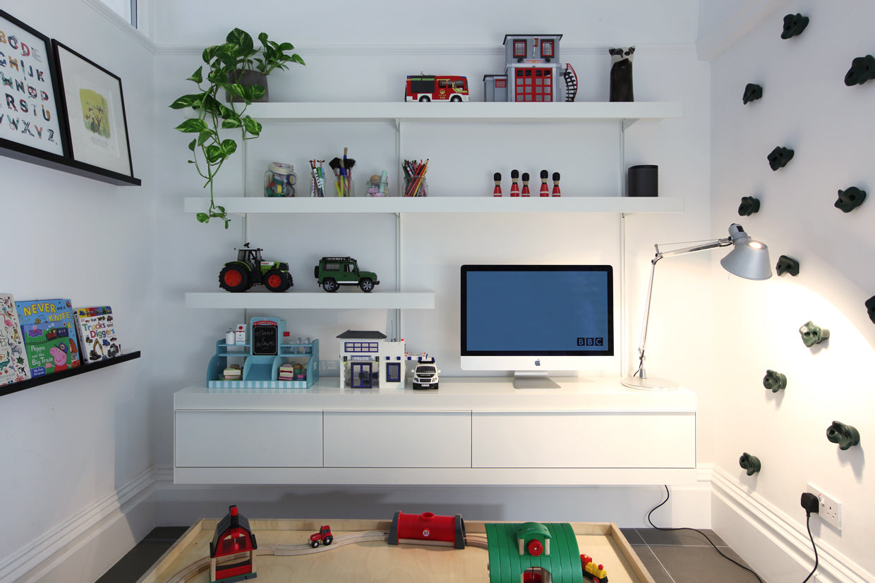 white TV shelving system in modern snug by ON&ON