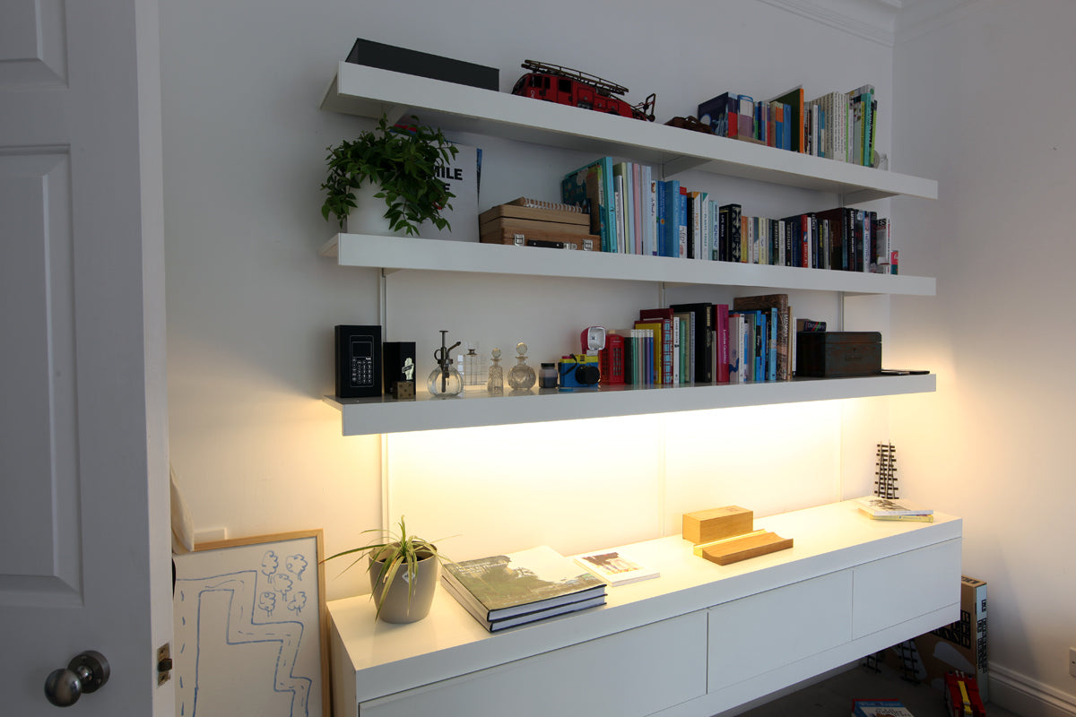 on&on shelving systems with shelf lighting