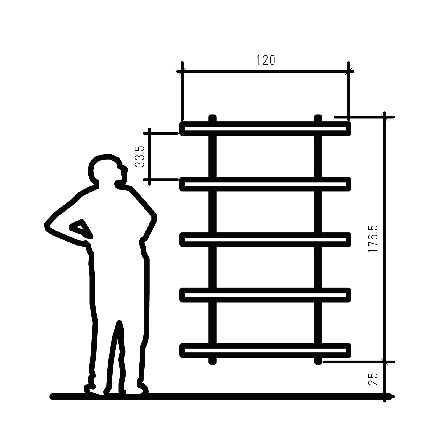 Black and white technical dimension diagram of a  wall shelving system next to a human silhouette, showing measurements of 120, 1765, 335, and 25.
