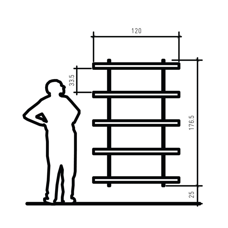 Black and white technical dimension diagram of a  wall shelving system next to a human silhouette, showing measurements of 120, 1765, 335, and 25.