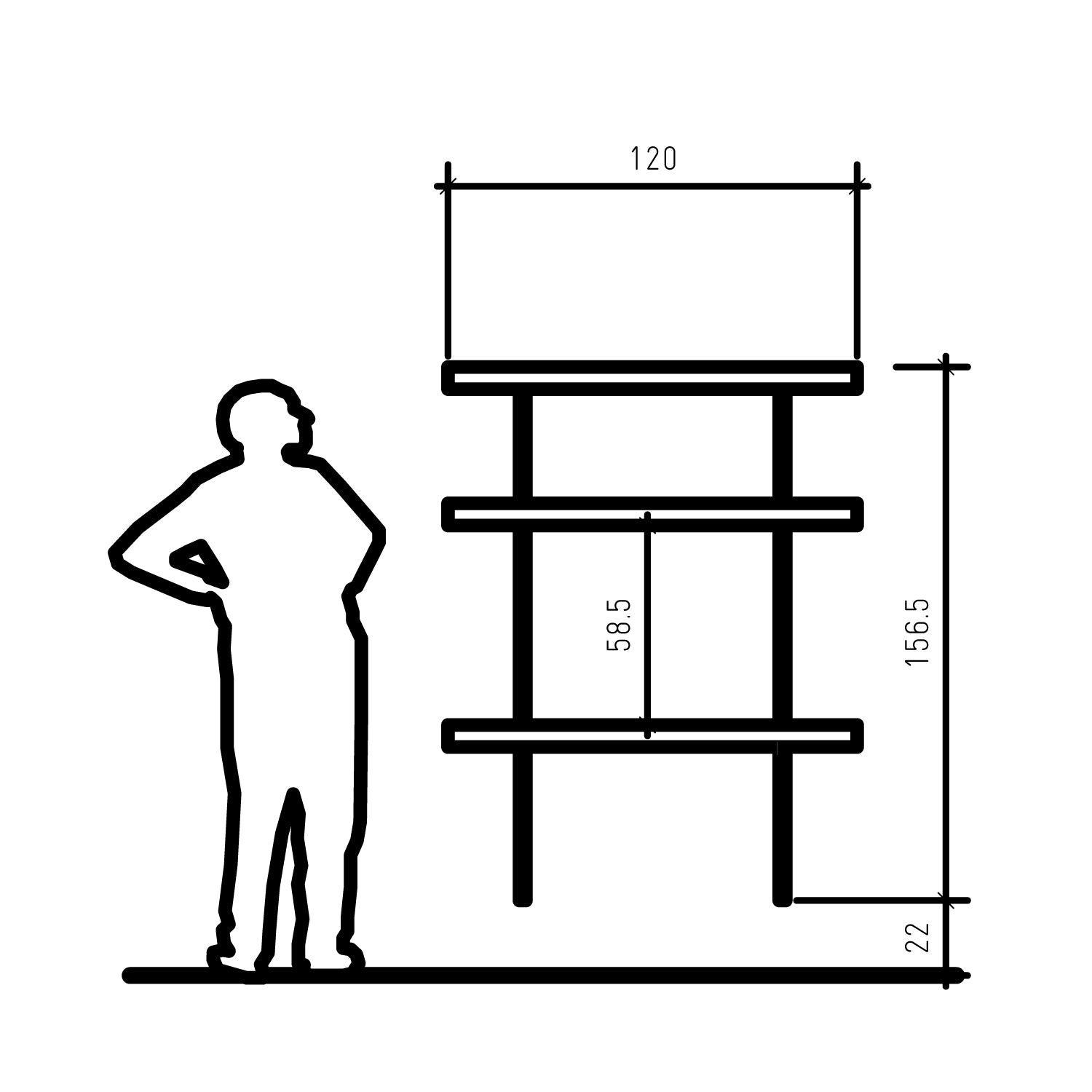 Diagram showing a person next to a piece of furniture with dimensions labeled.