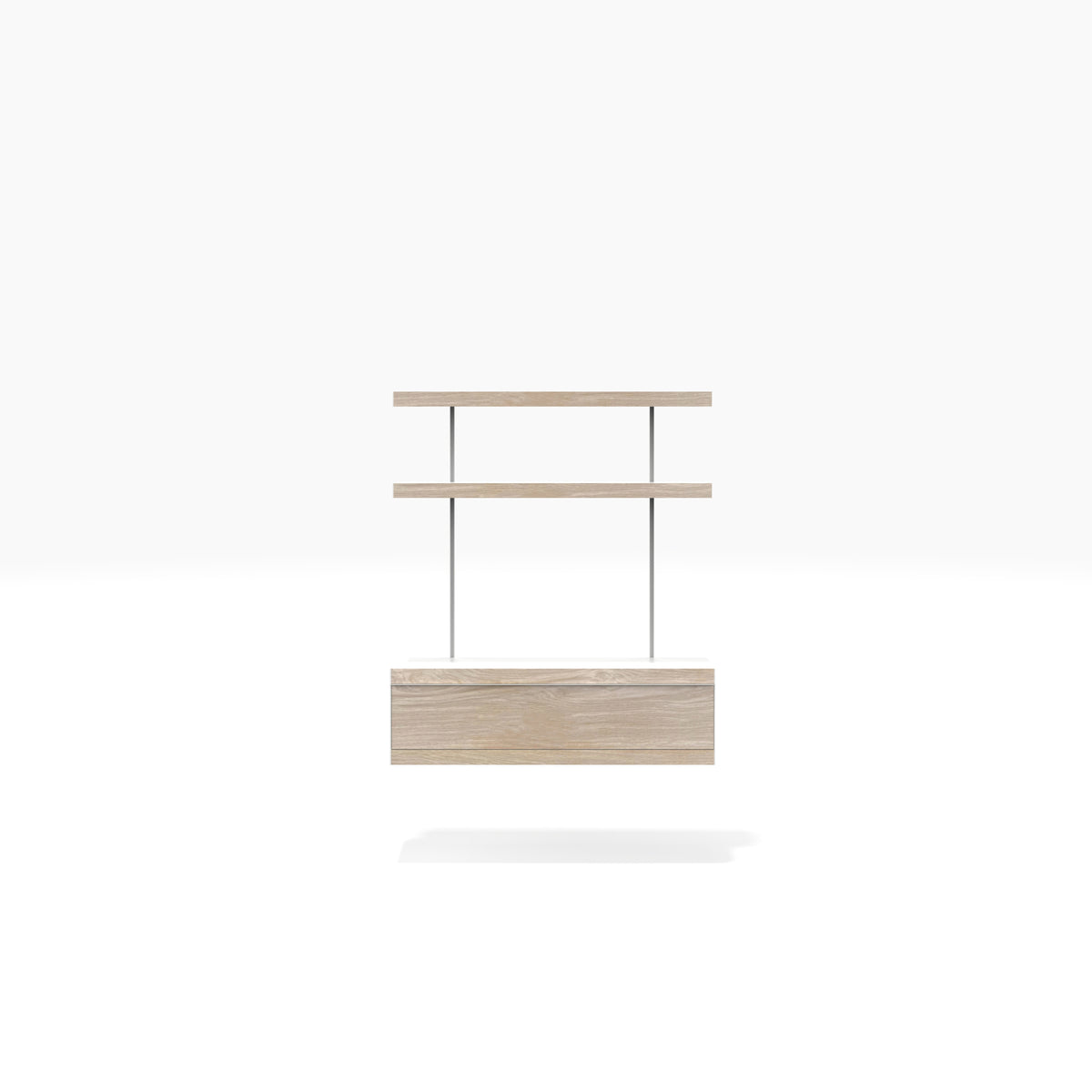 White and oak wall mounted TV alcove shelving with fold down door cabinet