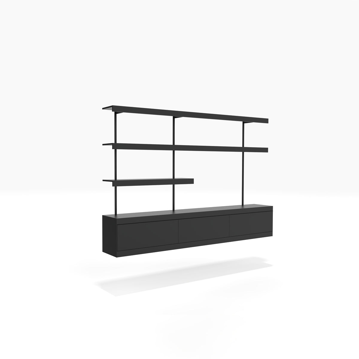 Black wall mounted TV shelving system with drawer cabinets