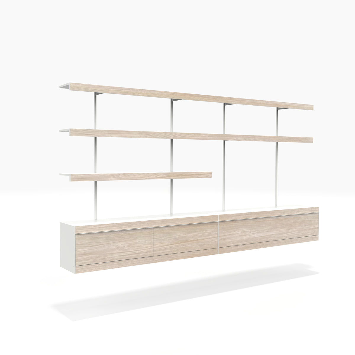 White TV shelving system with oak fronts including cabinets and wall shelves by ON&ON