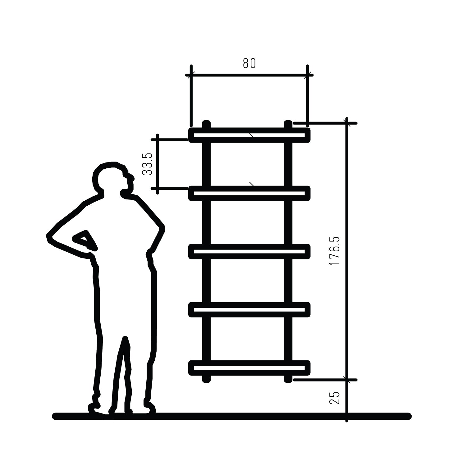 Black and white line drawing showing a wall shelving system with dimension annotations (80, 1765, 33.5, 25) next to a simple human silhouette for scale.