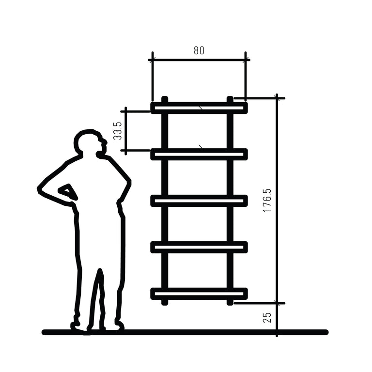 Black and white line drawing showing a wall shelving system with dimension annotations (80, 1765, 33.5, 25) next to a simple human silhouette for scale.