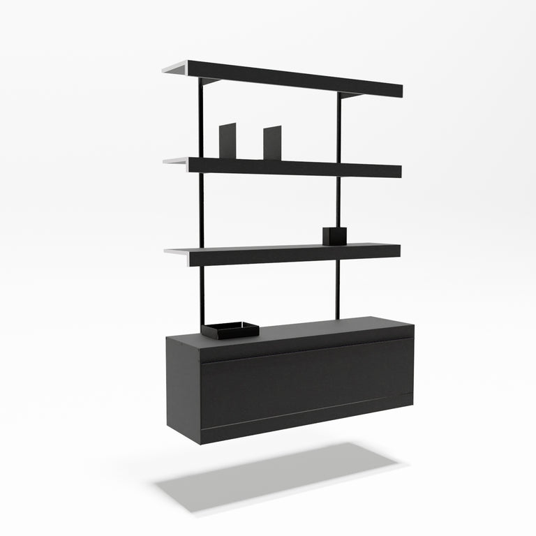 A modern floating wall shelf unit with three horizontal black shelves and a matching black base cabinet, shown against a clean white background with a soft shadow underneath.