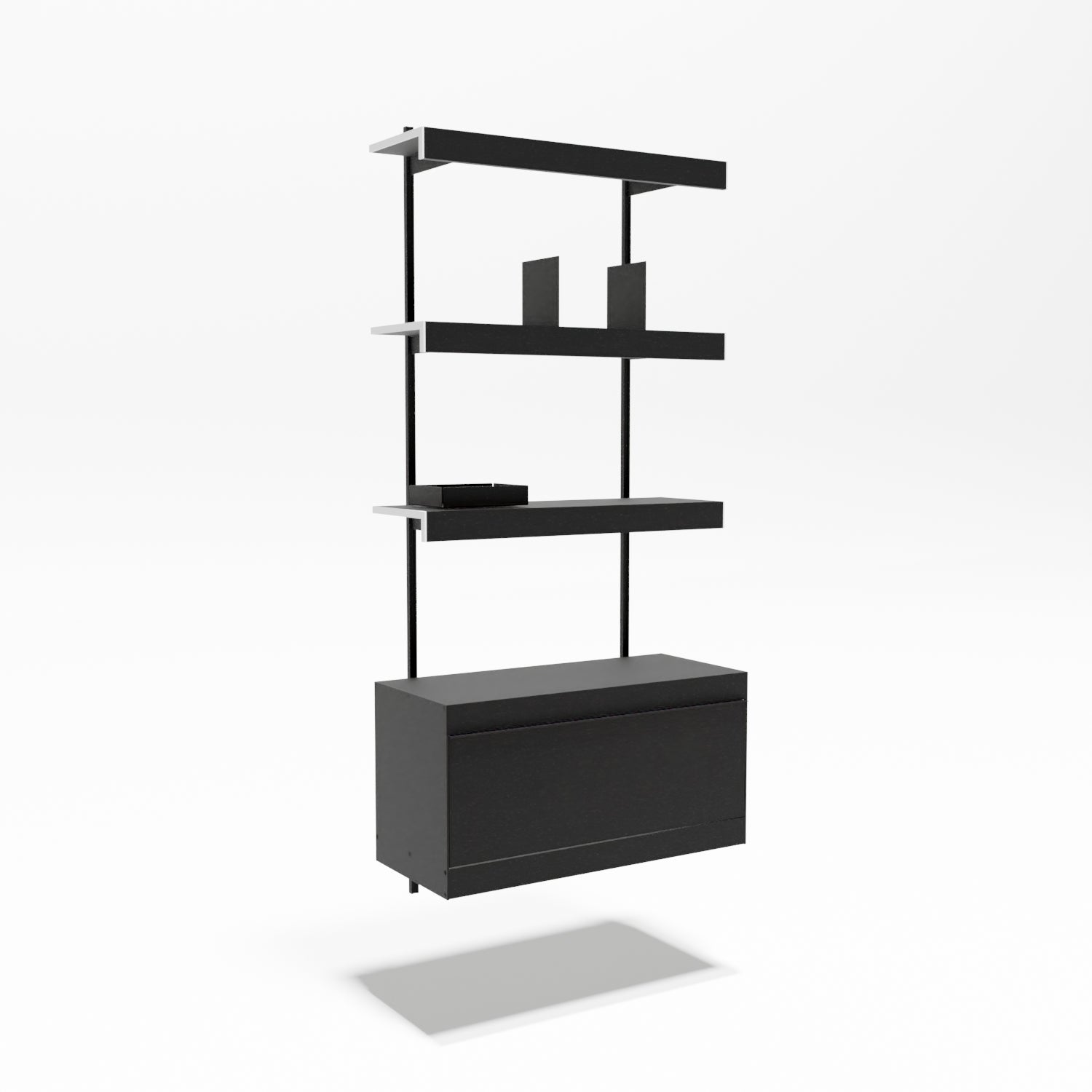 A modern black floating wall shelf unit with three horizontal shelves and a lower storage cabinet, shown against a clean white background with a soft shadow underneath.