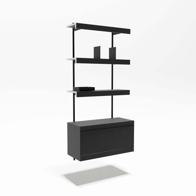 A modern black floating wall shelf unit with three horizontal shelves and a lower storage cabinet, shown against a clean white background with a soft shadow underneath.