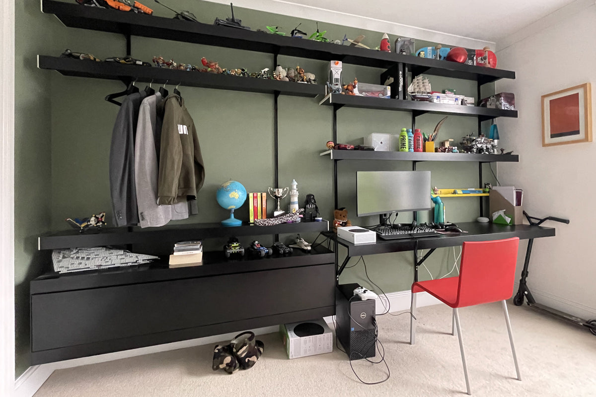 Large Office Desk for Three with Wall Shelving (D)