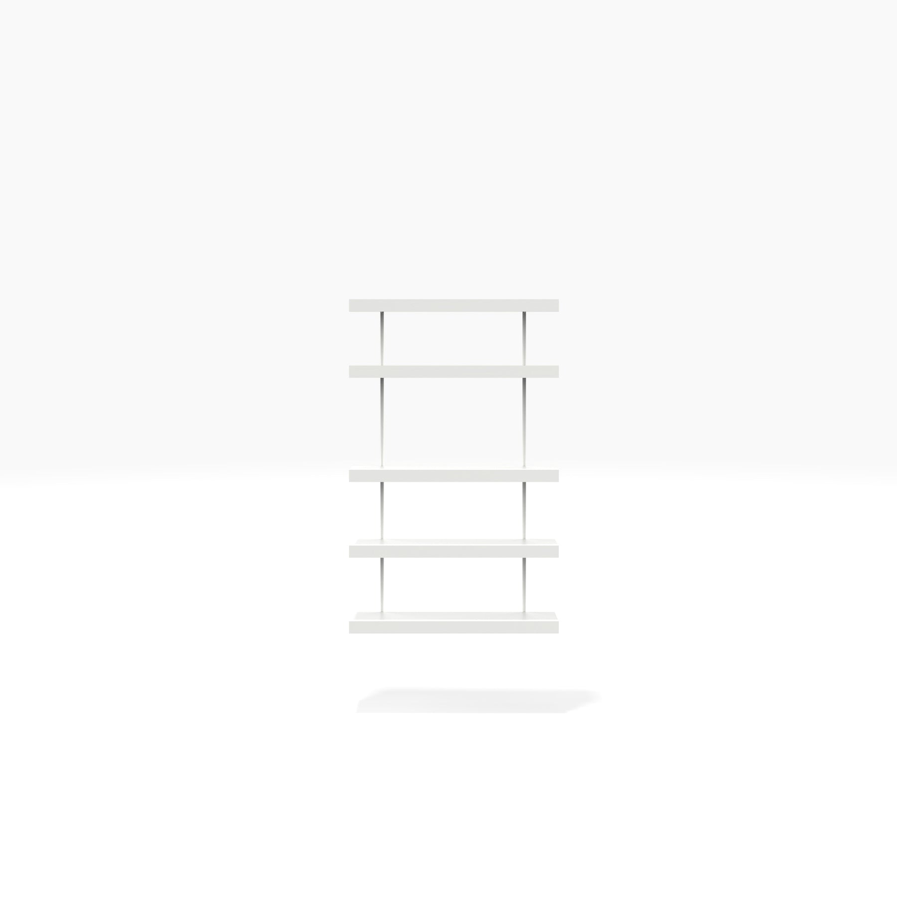 Modern wall mounted alcove shelving system with adjustable white shelves