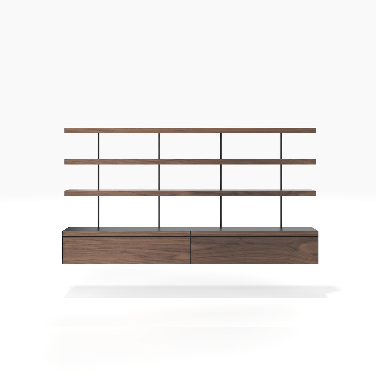 Black and walnut book shelving system with fold down door wall cabinets