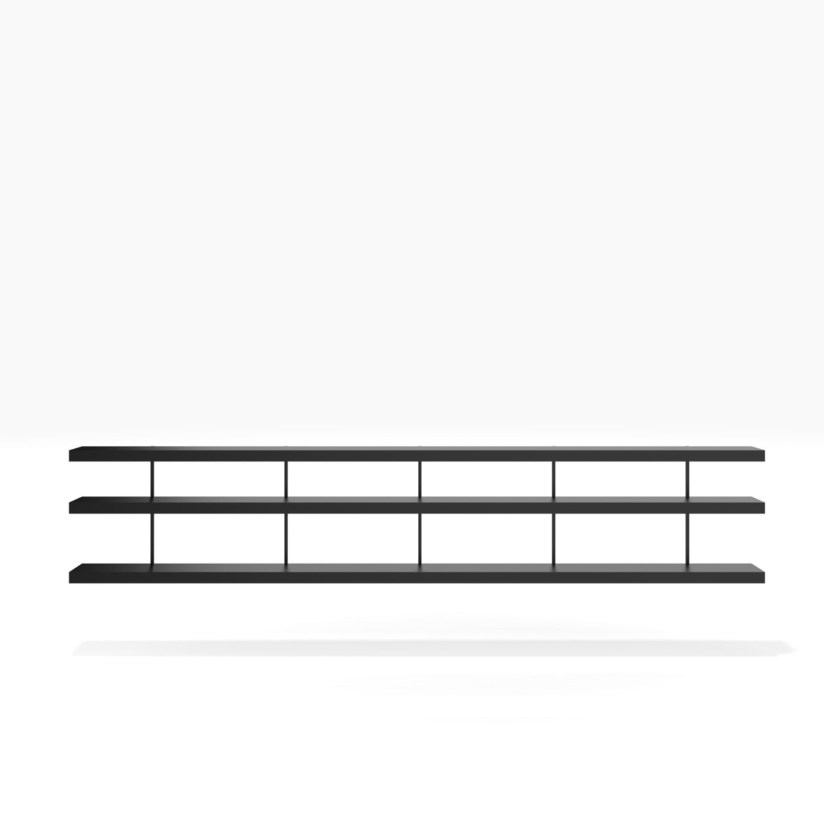 Modern black low level book wall shelving system with very long shelves