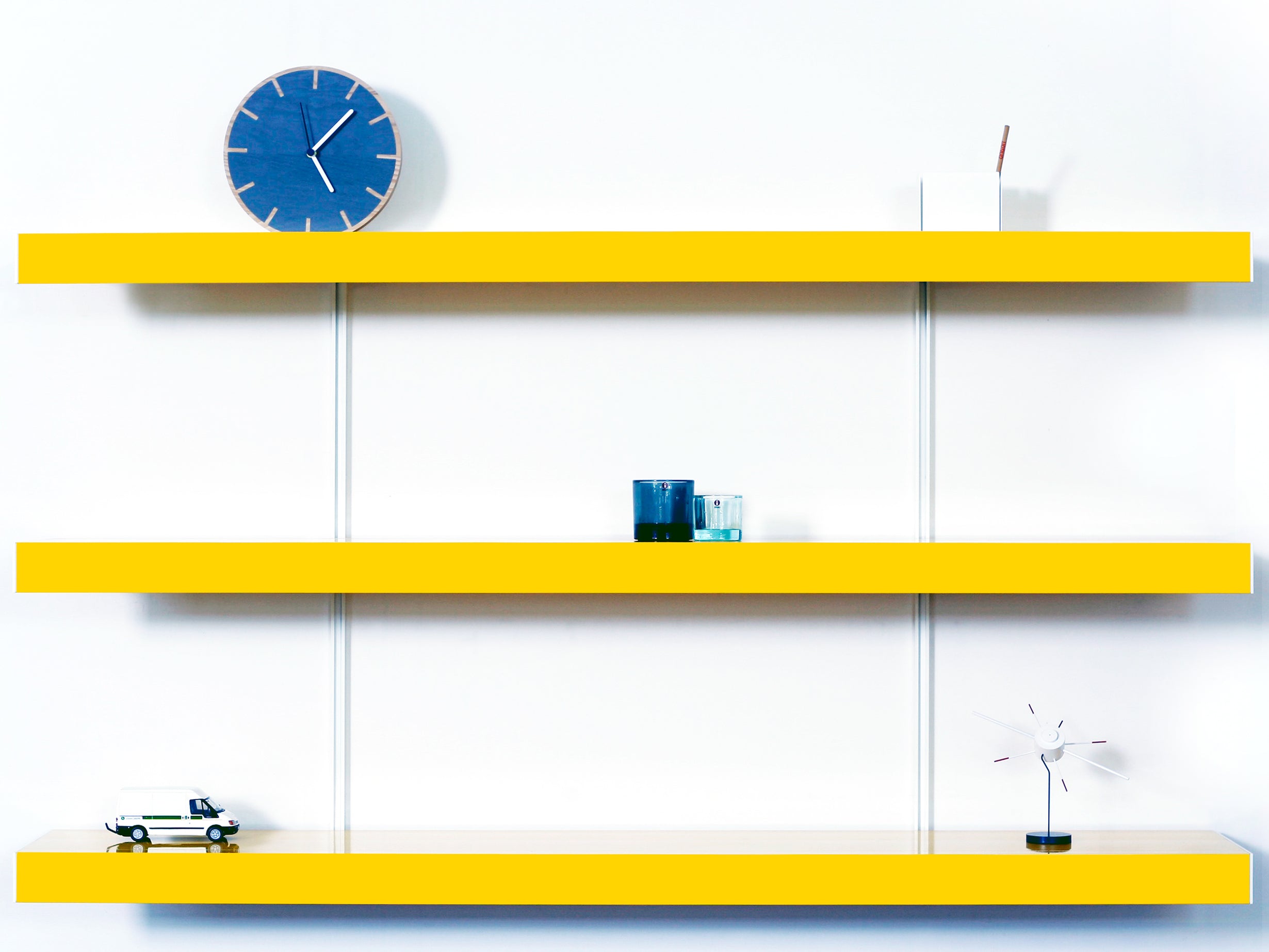 ON&ON bespoke yellow wall shelving system with 3 x wall shelves