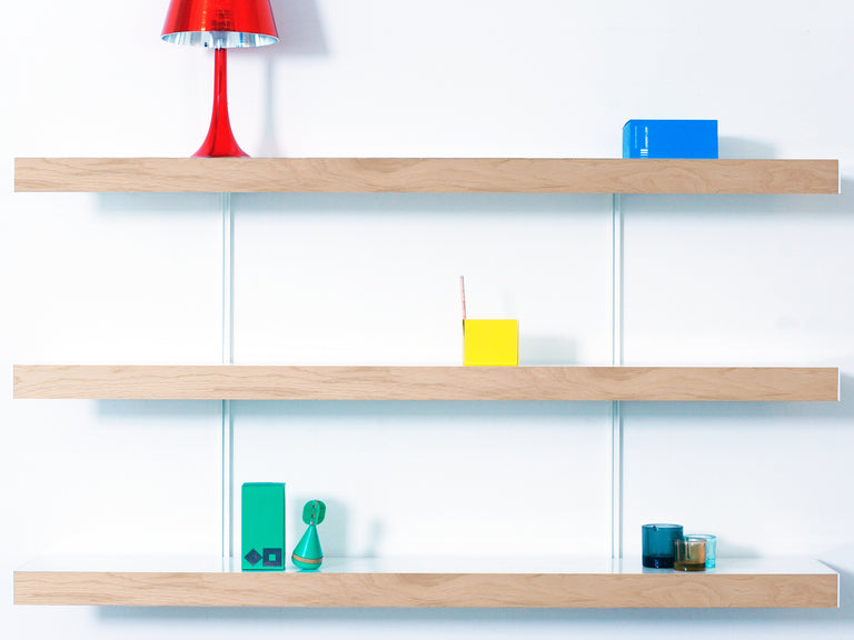 Modern white aluminium shelving system with oak fronts by ON&ON