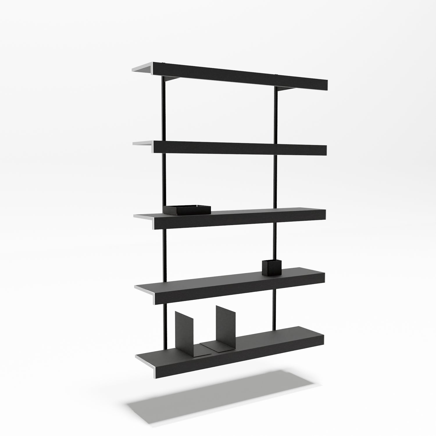 Black metal shelf with multiple shelves on a white background